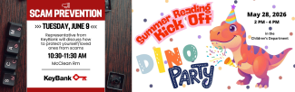 Dino Party 5/28 @ 2 PM & Scam Prevention Program 6/9 @ 10:30 AM