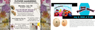 Flower craft 7/20/26 at 10 AM Cost $15 Preregister call library & Puppet Show 7/9/26 at 11 AM