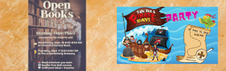 Adult book Club 9/16 8:30AM or 9/17 5:30PM & Pirate Youth Party 9/15/26 at 4:30 PM